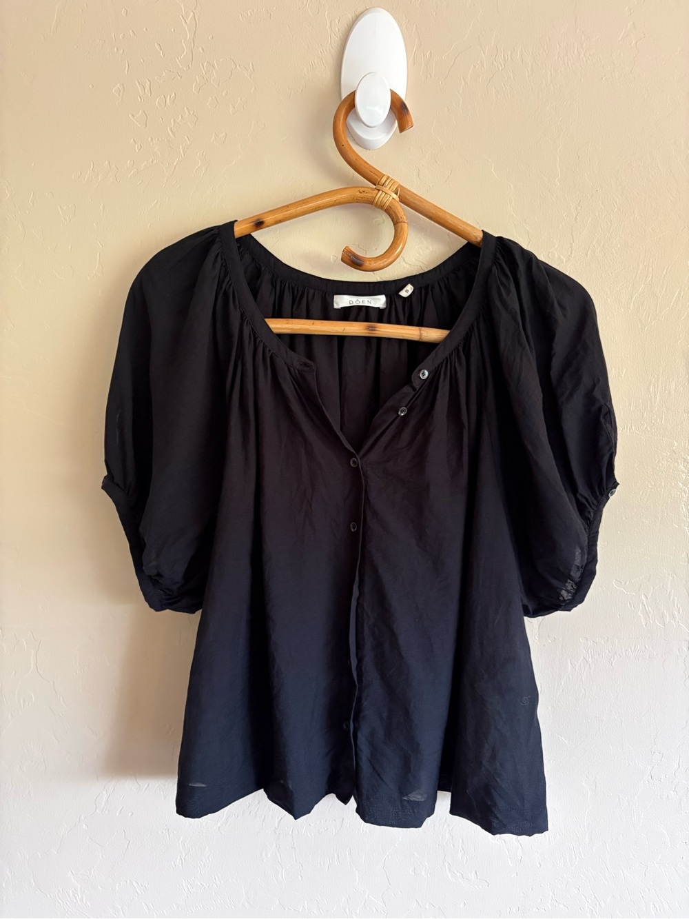 Doen June Top Short Puff Sleeves Button Down Front Loose Fit Cotton Blend Small